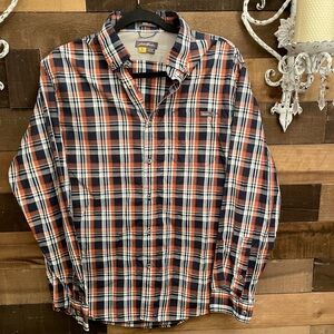 Eddie Bauer Men's Checkered Shirt - Navy and Orange